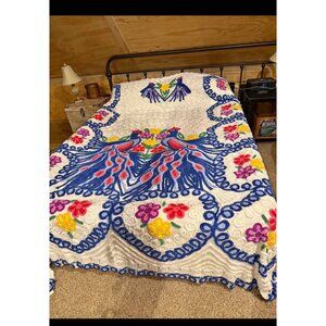 Vintage 50s Chenille Peacock & Floral Bedspread King Size Cotton Multicolor
